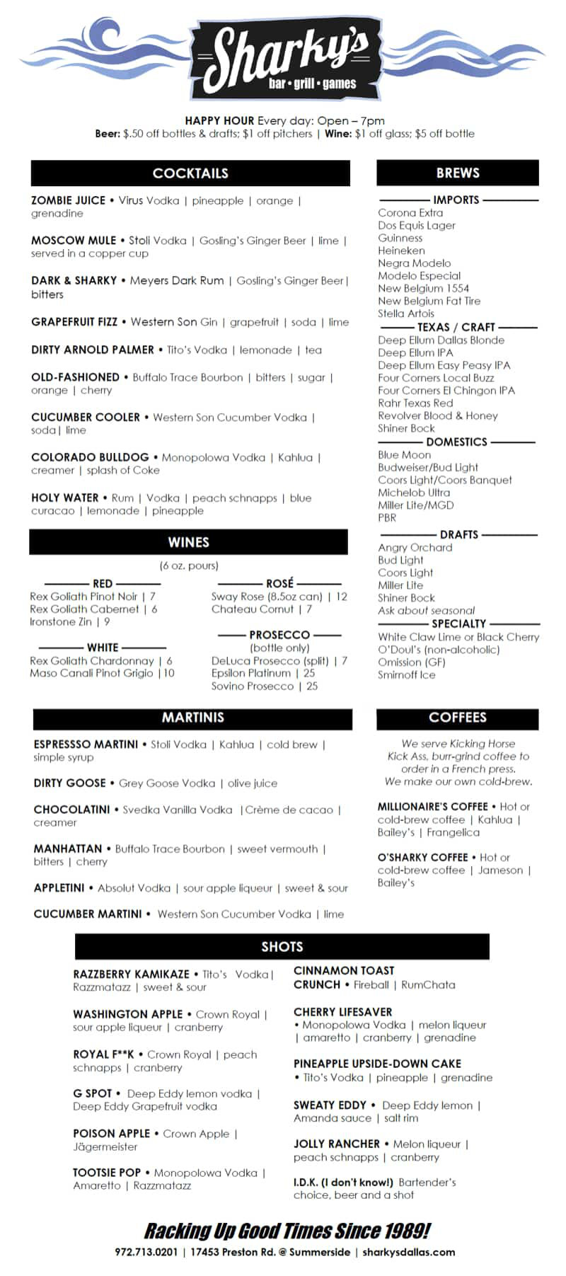 Sharky's Bar and Grill Drinks Menu